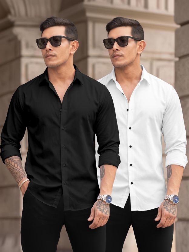 DARKMODE Men Solid Casual White, Black Shirt - Image 1