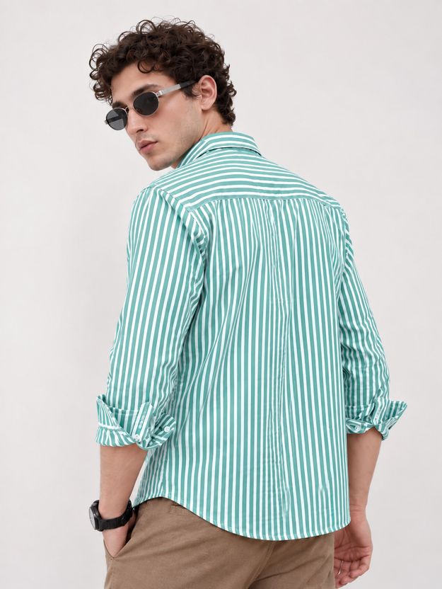 CAMBREEN Men Green Striped Casual Shirt - Image 2