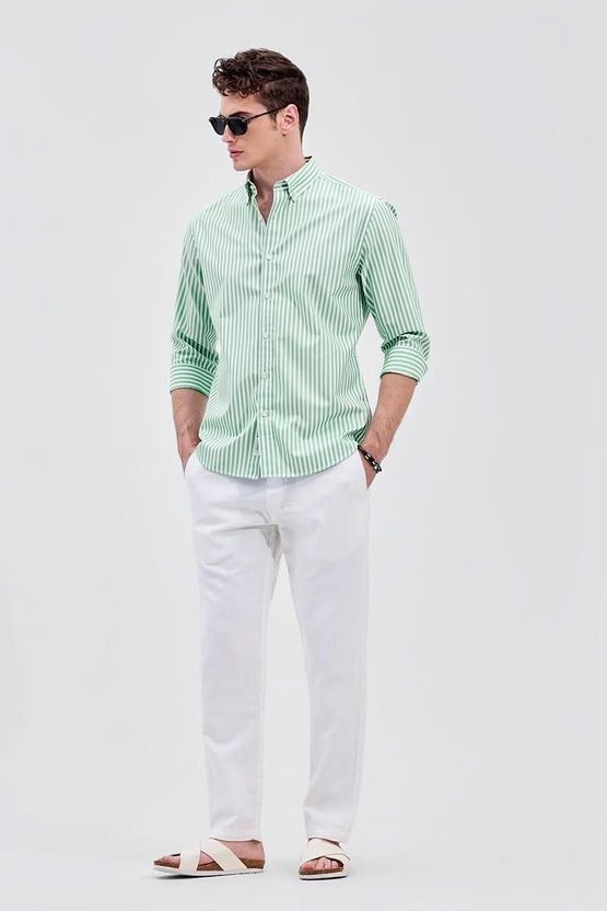 RODEIZ Men Striped Casual Green, White Shirt - Image 3