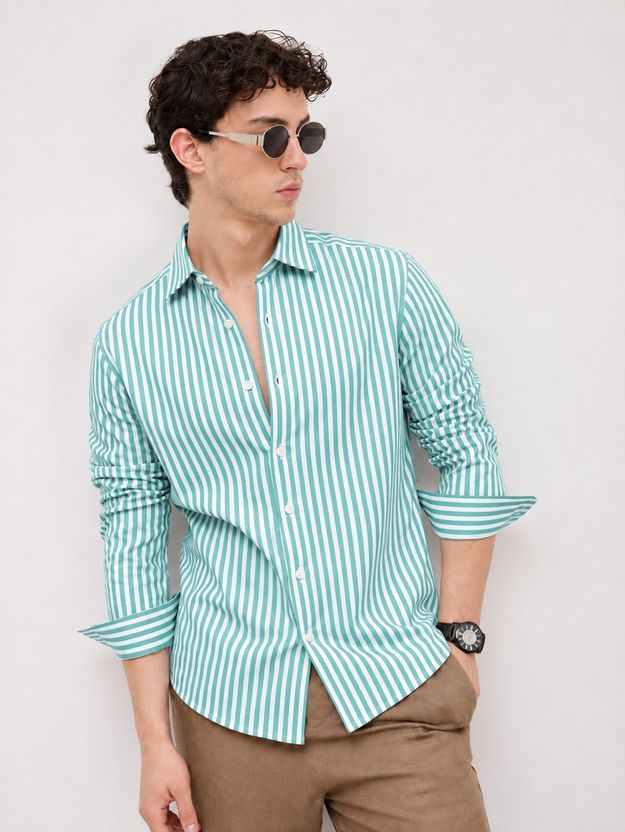 CAMBREEN Men Green Striped Casual Shirt - Image 3