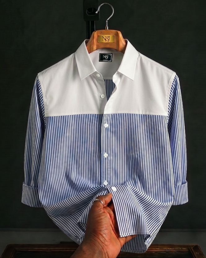 N AND J Men Striped Casual White, Light Green Shirt - Image 4