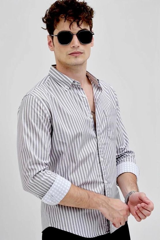 RODEIZ Men Striped Casual White, Grey Shirt - Image 4