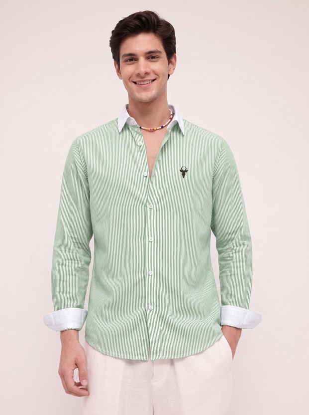 vdlooks Men Striped Casual Green, White Shirt - Image 9