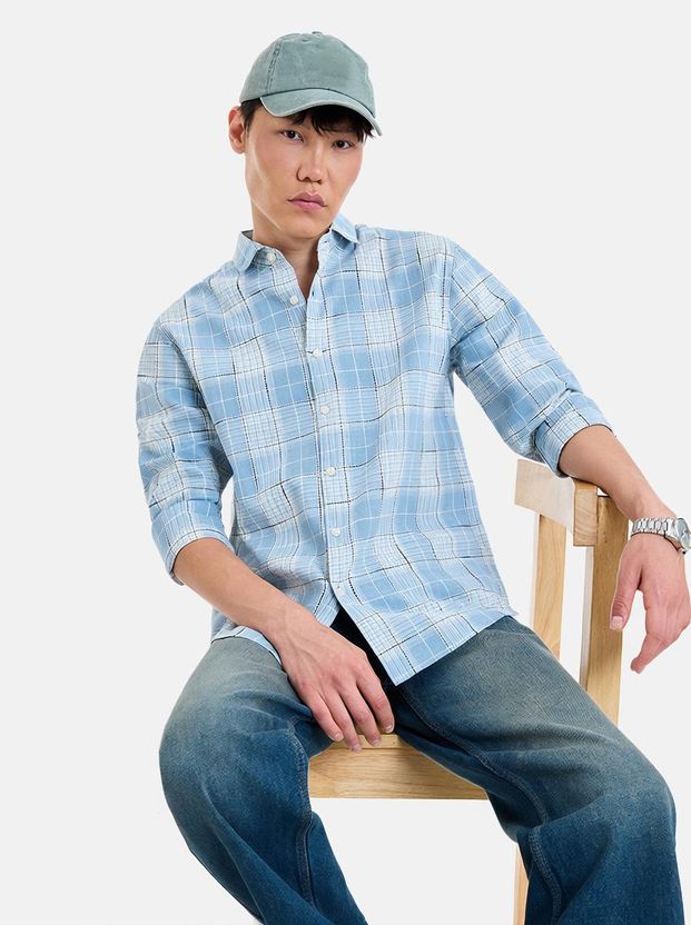Snitch Men Checkered Casual Light Blue Shirt - Image 1