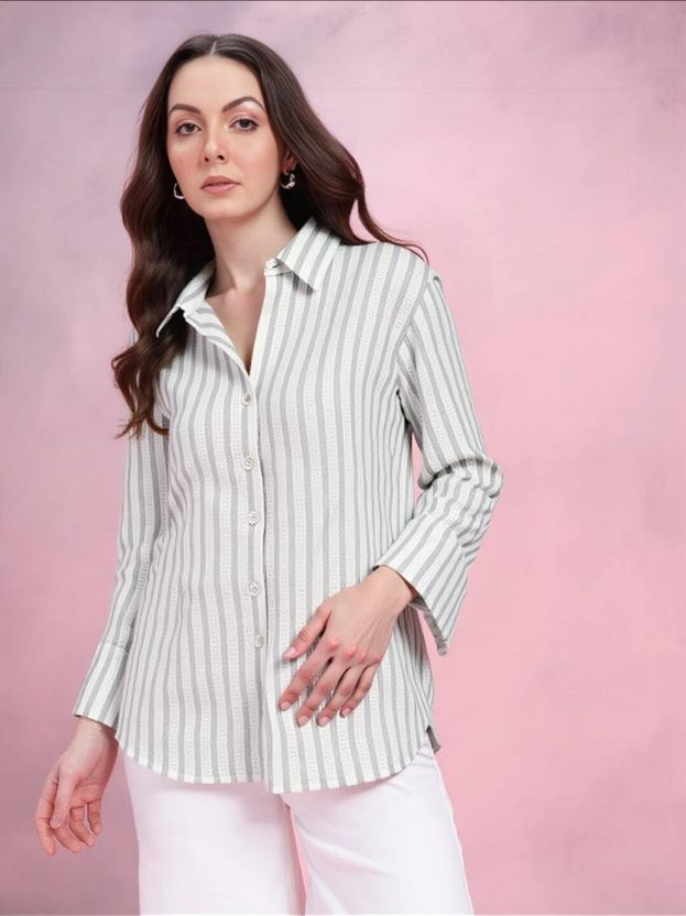 PERFECT PRODUCTIONS Women Regular Fit Striped Slim Collar Casual ...more - Image 1