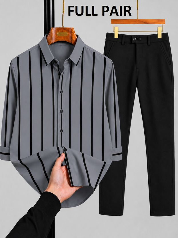 mozero Men Striped Casual Grey, Black Shirt - Image 1