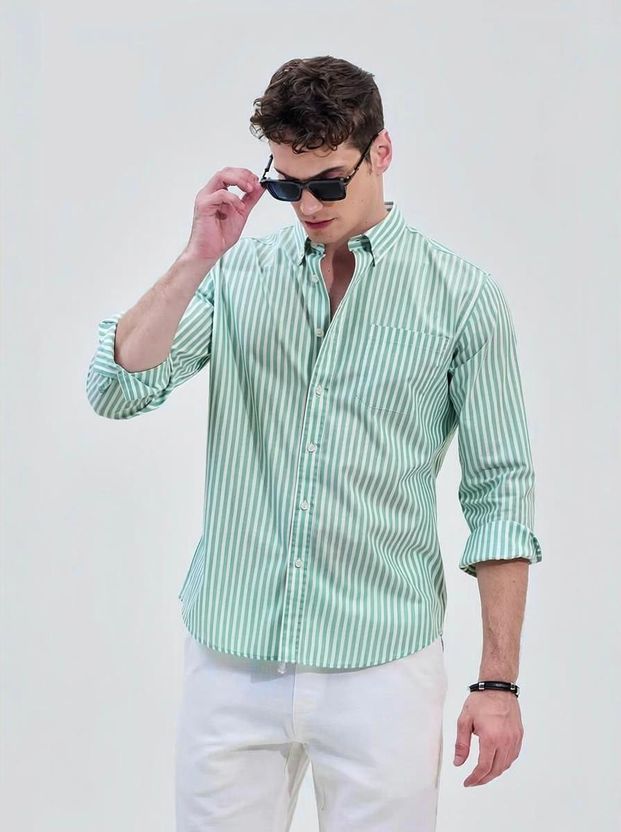 RODEIZ Men Striped Casual Green, White Shirt - Image 1