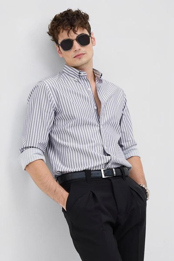 RODEIZ Men Striped Casual White, Grey Shirt - Image 3