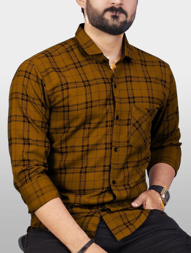 HKV Men Checkered Casual Brown, Black Shirt - Image 1