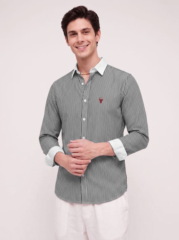 vdlooks Men Striped Casual Green, White Shirt - Image 6
