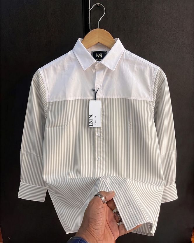 N AND J Men Striped Casual White, Light Green Shirt - Image 6