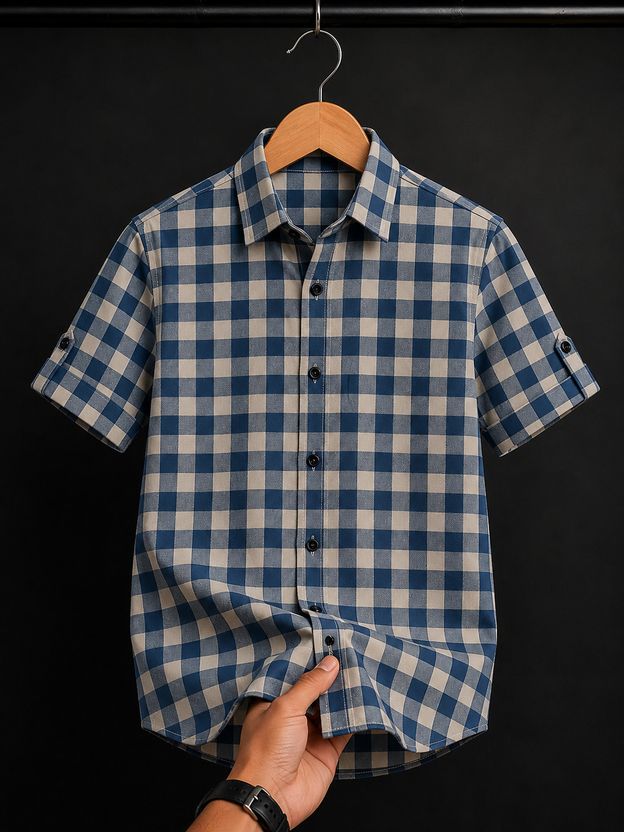 METRONAUT Boys Dark Blue Checkered Shirt - Image 1