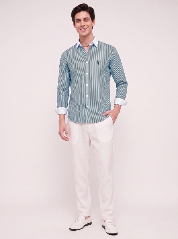 vdlooks Men Striped Casual Green, White Shirt - Image 4