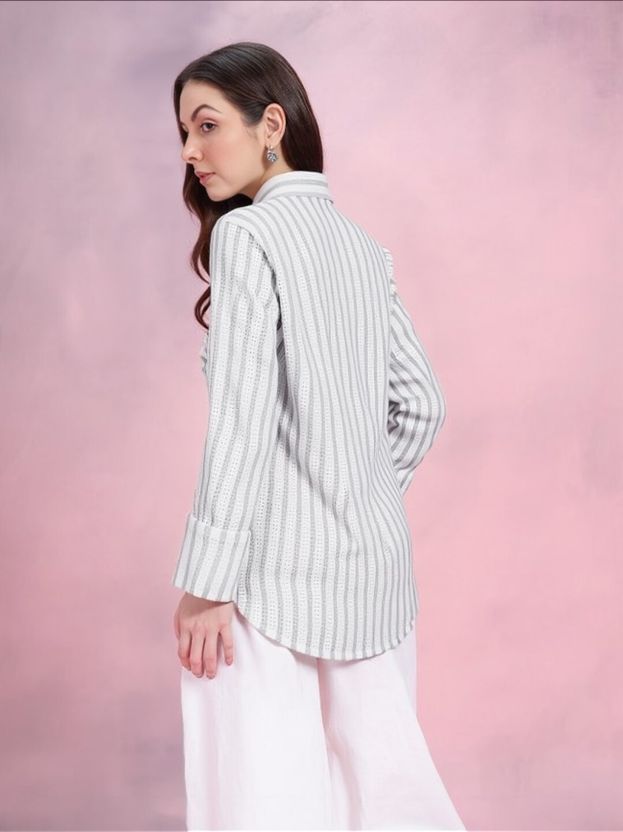 PERFECT PRODUCTIONS Women Regular Fit Striped Slim Collar Casual ...more - Image 4