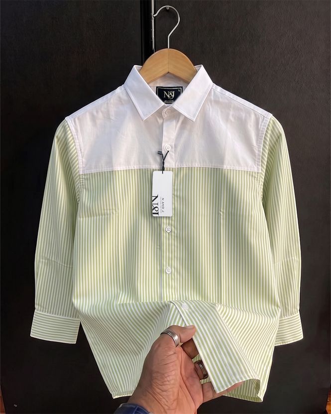 N AND J Men Striped Casual White, Light Green Shirt - Image 1