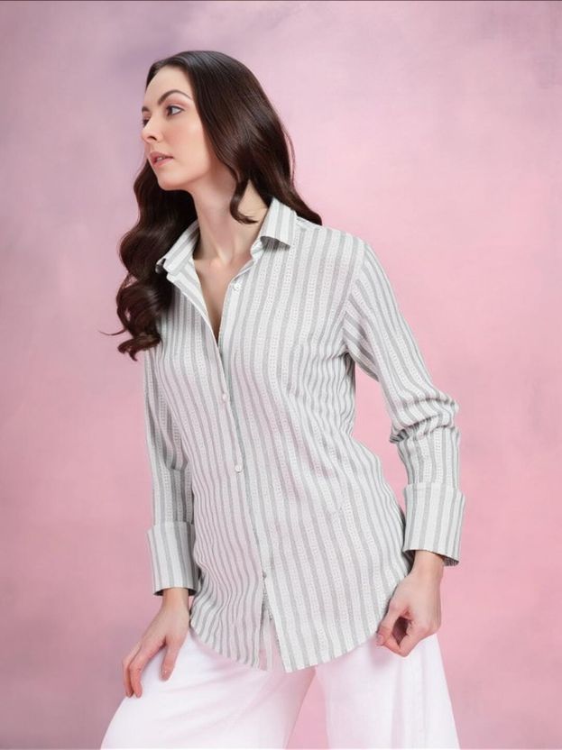PERFECT PRODUCTIONS Women Regular Fit Striped Slim Collar Casual ...more - Image 2