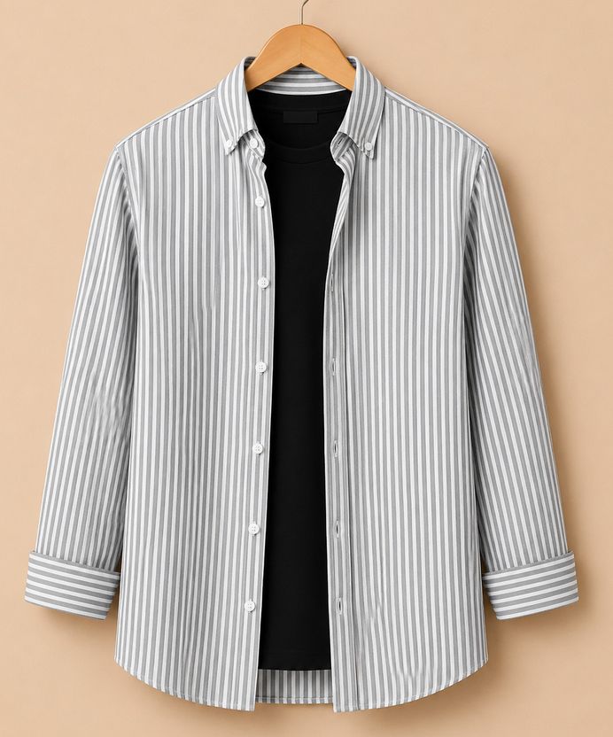 RODEIZ Men Striped Casual White, Grey Shirt - Image 1