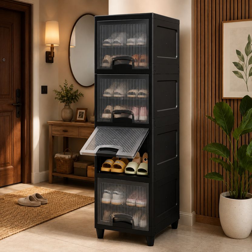 ZENVEXYO Plastic Shoe Stand 4 Shelves Black - Image 1