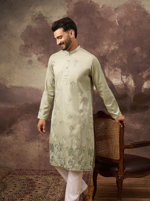 Ethnic Bay Embroidered Silk Blend Straight Kurta for Men (Purple) - Image 8