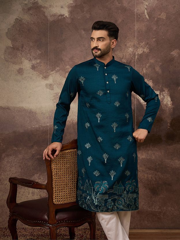 Ethnic Bay Embroidered Silk Blend Straight Kurta for Men (Purple) - Image 7