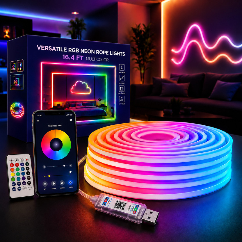 ecoosoft 500 LED 5M Smart RGB Neon Rope Light, App & Remote Control, USB Plug, Multicolor Smart Tube Light