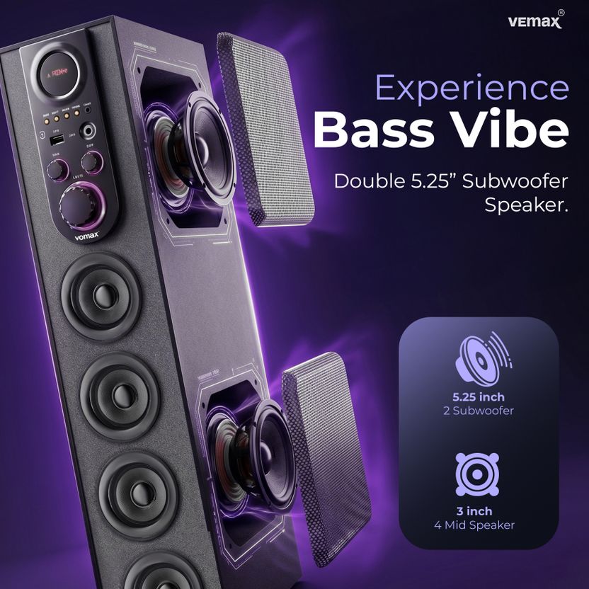Vemax Ruby 6.1 Bluetooth Double Woofer 100W Tower Speaker Red - Image 4