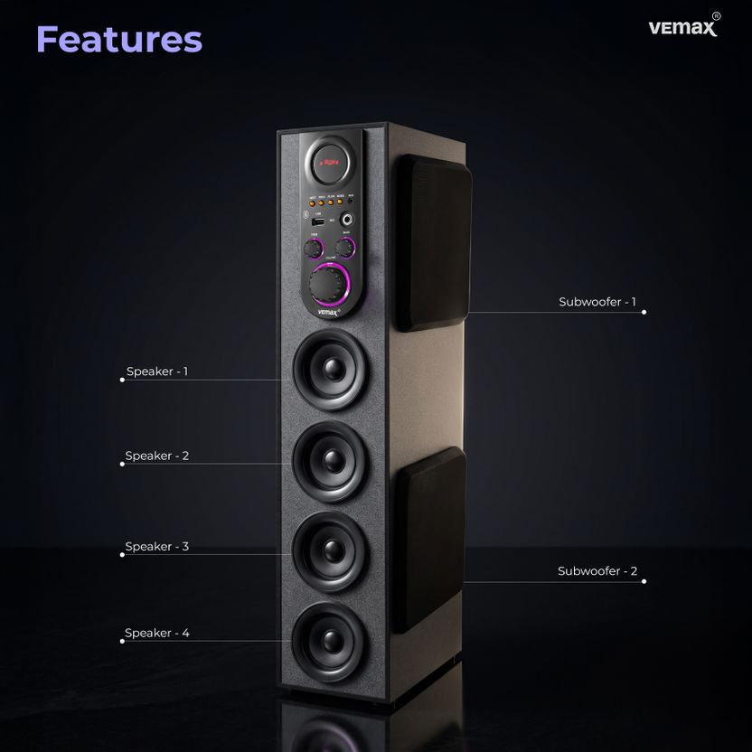 Vemax Ruby 6.1 Bluetooth Double Woofer 100W Tower Speaker Red - Image 2