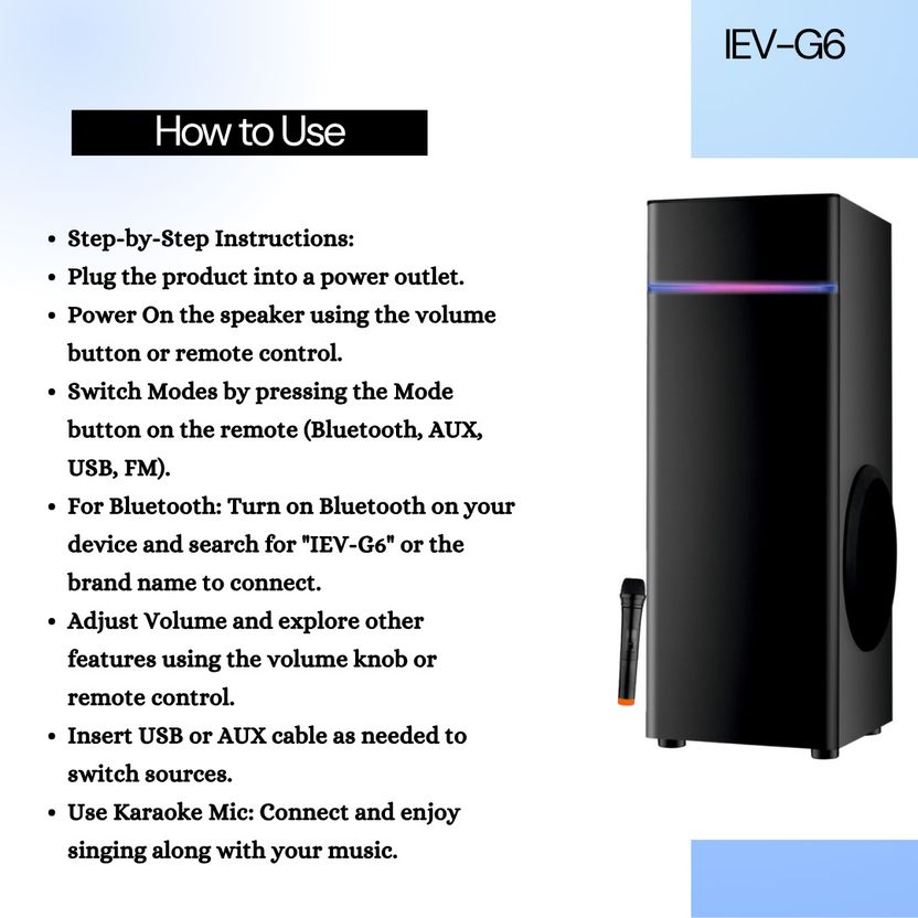 IEV G-6 100W Bluetooth Tower Speaker (Black, 2.1 Ch) - Image 5
