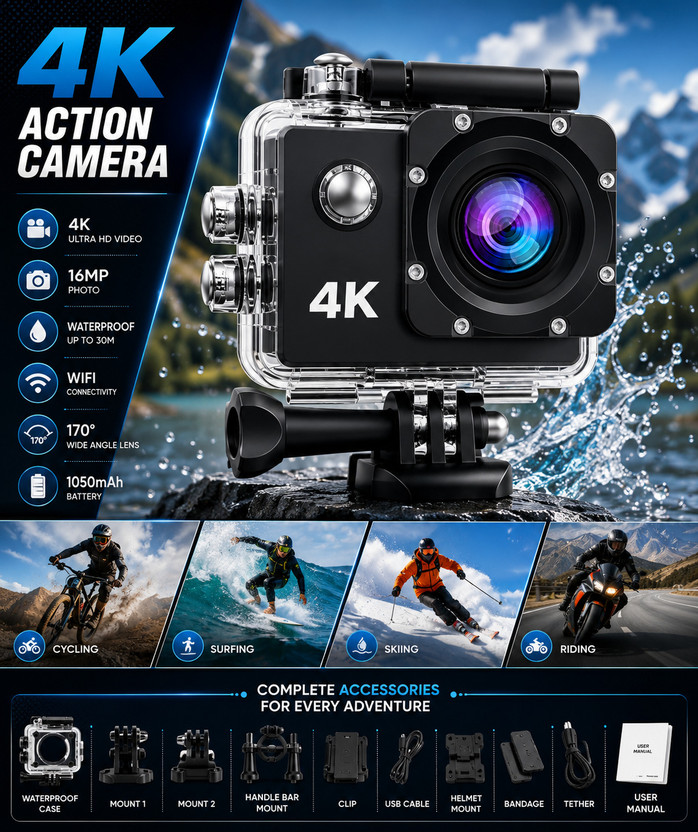 ANCAM PROFESSIONAL 4K Action Camera 4k 16MP Waterproof Action Camera Sports DV Camcorder Sports and Action Camera