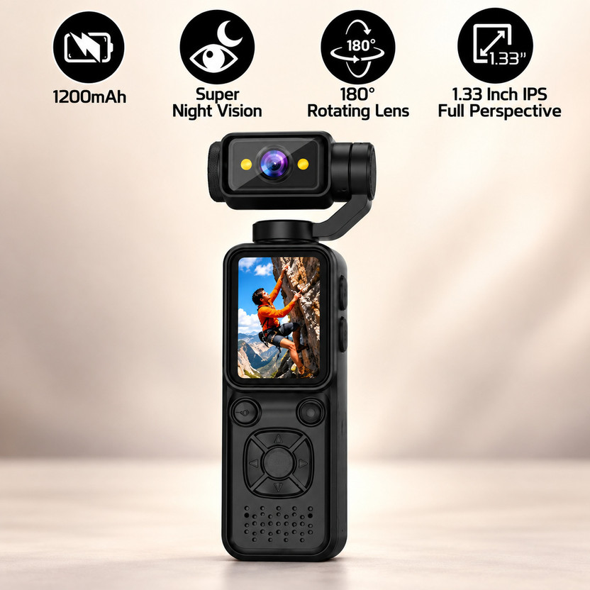DSLRX POCKET CAMERA Mini 4K Action Camera and moto Vlogging 180° Rotating Lens, Dual LED Light Sports and Action Camera