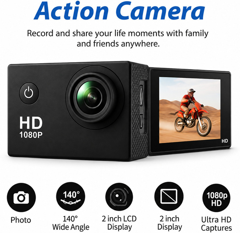 DASERANUDAS HD HD Action Camera Series Action Camera Wide-Angle Lens with 2 Inch Display Accessories 16MP Sports and Action Camera