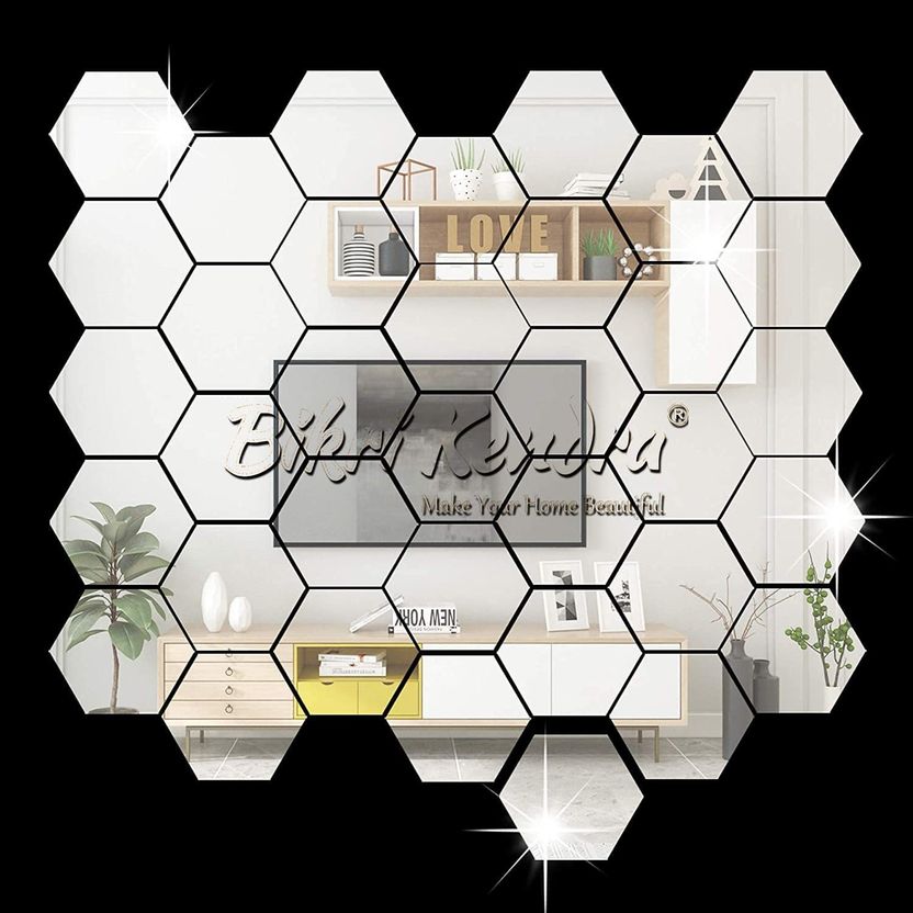 Mirror Hexagon 12 cm Sticker 32 with 20 Butterfly Silver - Image 1