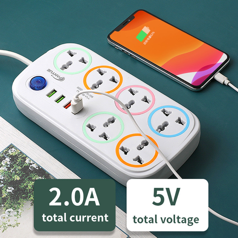 Fervik Power Plate 2500W 6-Socket Extension Board with 4 USB Ports (2m, White)