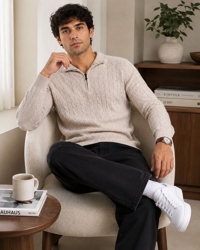 Clubble Men Beige Collared Neck Sweater - Image 5