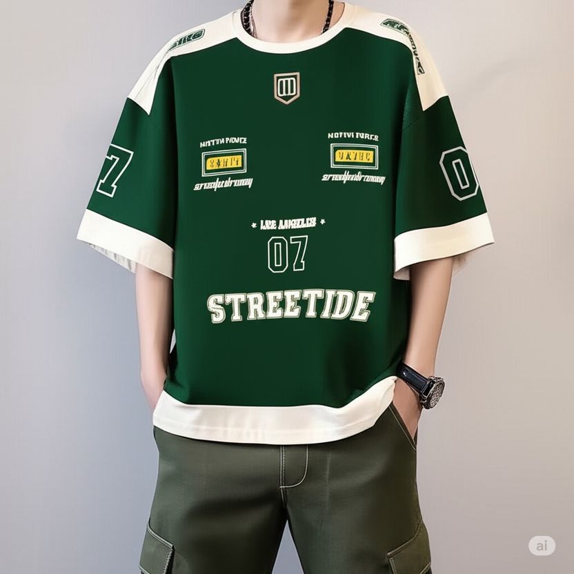 Three Men Green Graphic Print Crew Neck T-Shirt - Image 4