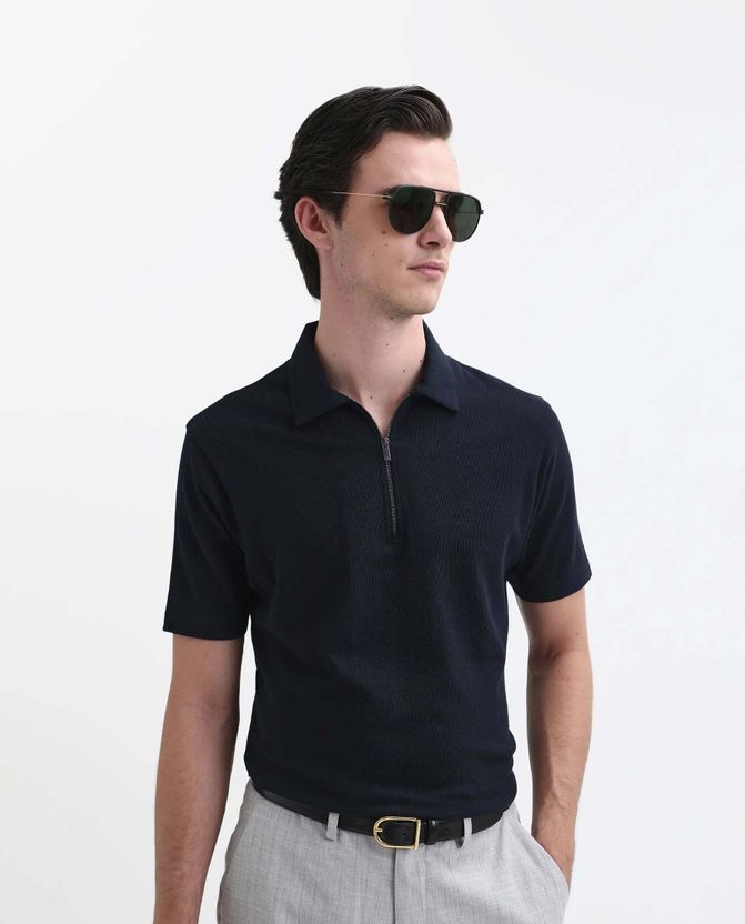 RARE RABBIT Men Dark Blue Cotton Polo Neck T-Shirt - Image 1
