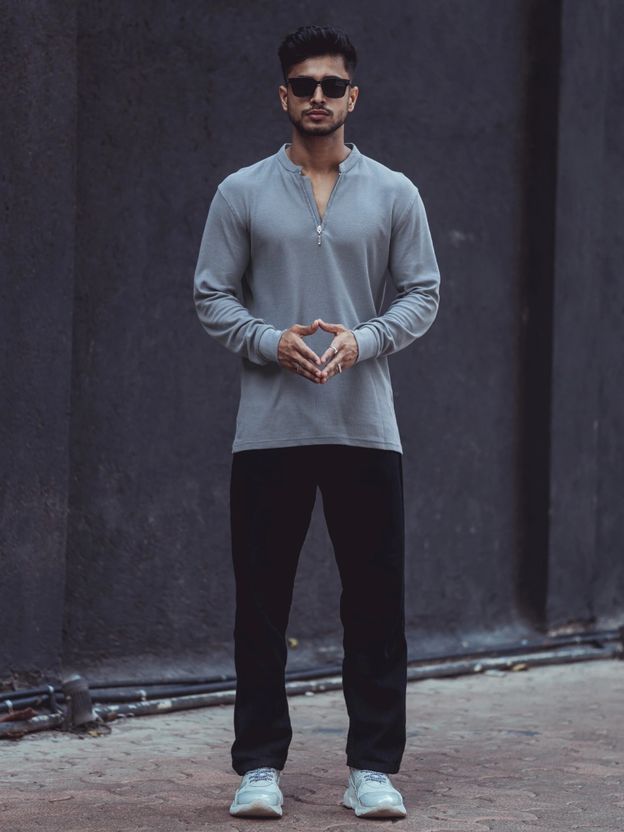 MANIAC Men Zip Neck Grey T-Shirt - Image 7