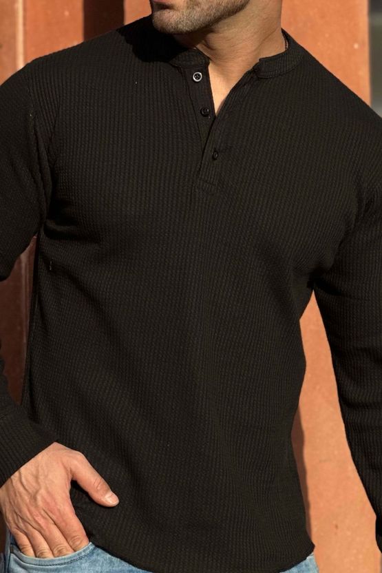 Gritstones Men Henley Neck Black T-Shirt - Image 3