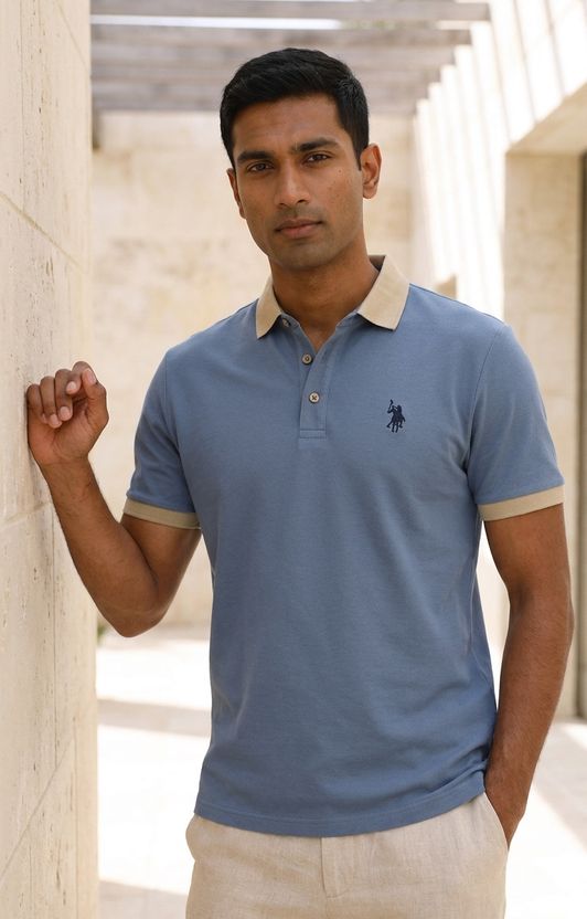 DLooK Men Embroidered Light Blue Polycotton Polo - Image 2