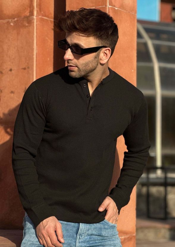 Gritstones Men Henley Neck Black T-Shirt - Image 4