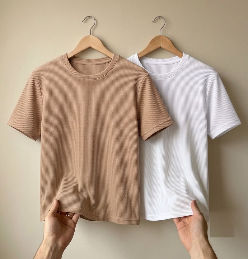stylesmyth Men Beige, White Round Neck T-Shirt - Image 1