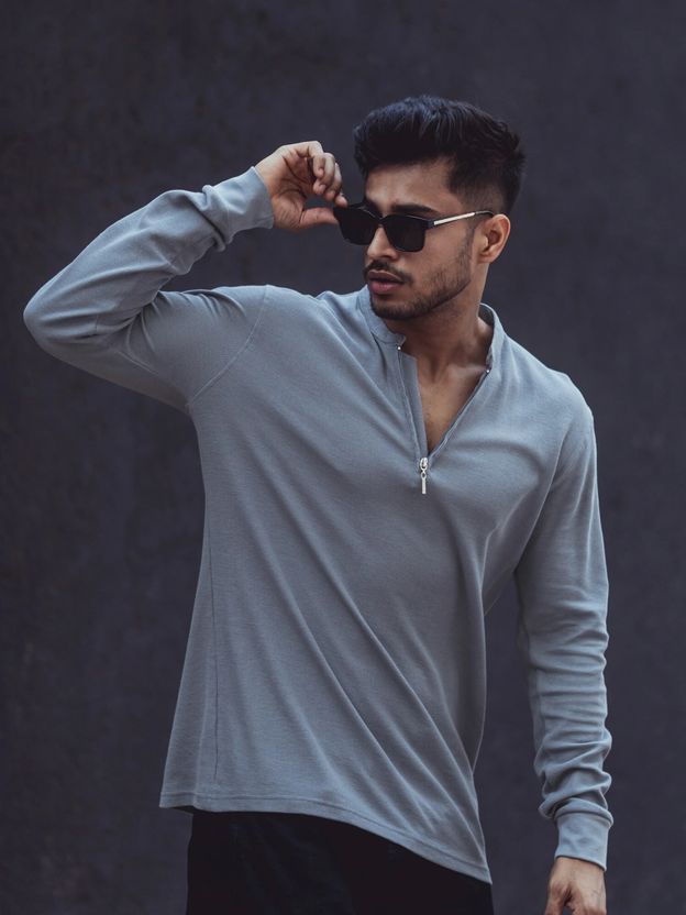 MANIAC Men Zip Neck Grey T-Shirt - Image 2