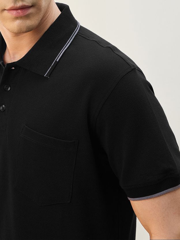 NOBERO Solid Men Polo Neck Black T-Shirt - Image 4