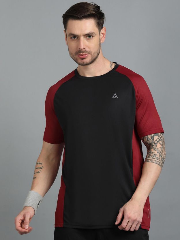 Adrenex Colorblock Men Round Neck Black, Maroon T-Shirt - Image 1