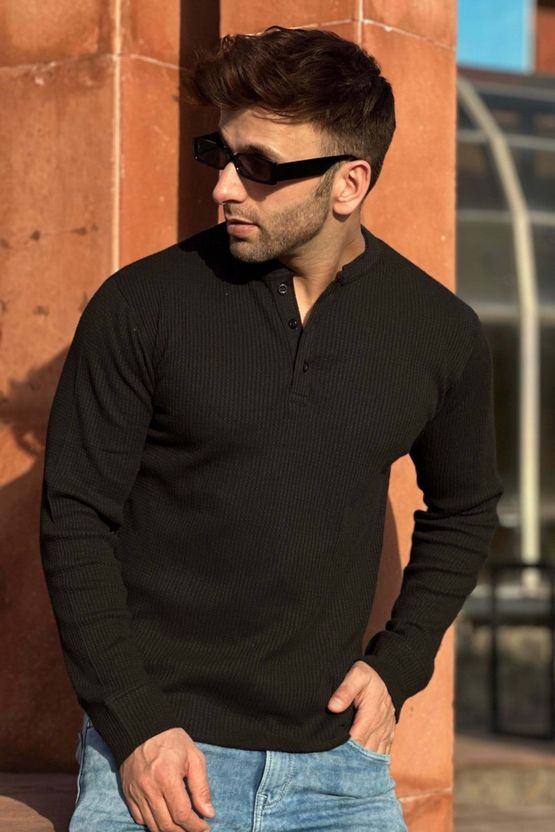Gritstones Men Henley Neck Black T-Shirt - Image 2