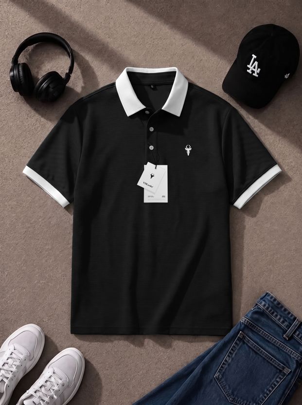 vdlooks Men Polo Neck Black T-Shirt - Image 2