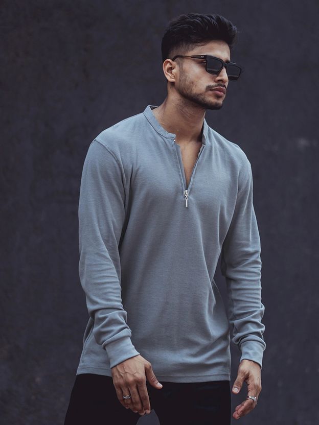 MANIAC Men Zip Neck Grey T-Shirt - Image 5