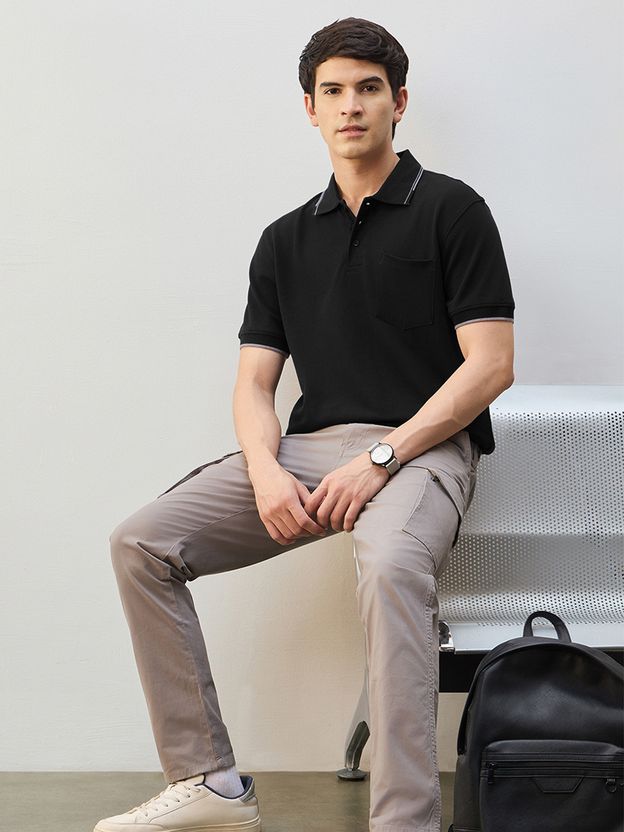 NOBERO Solid Men Polo Neck Black T-Shirt - Image 5