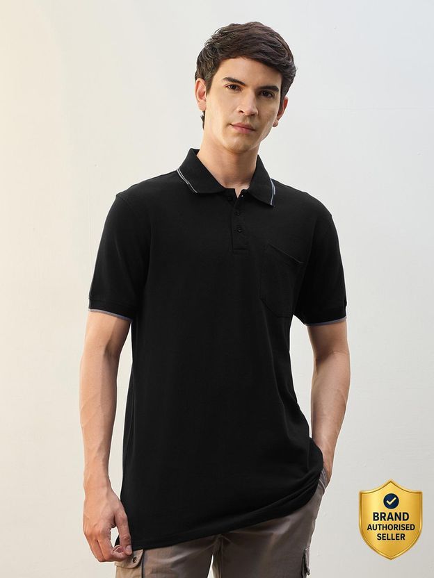 NOBERO Solid Men Polo Neck Black T-Shirt - Image 1