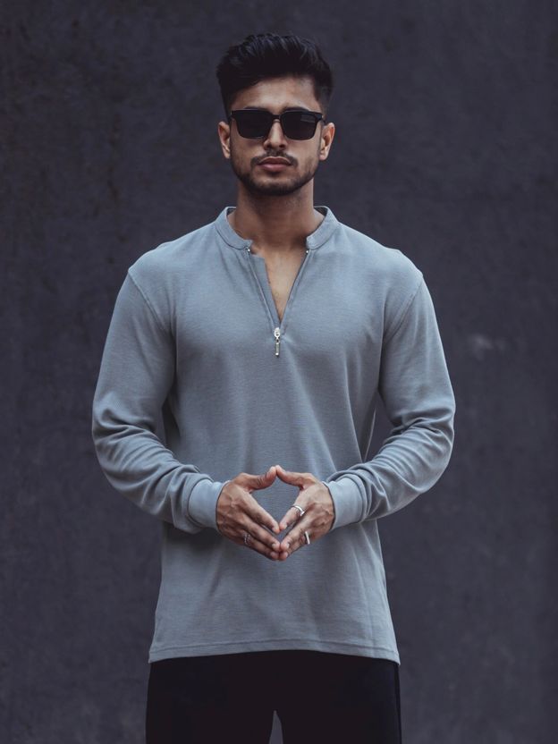 MANIAC Men Zip Neck Grey T-Shirt - Image 3